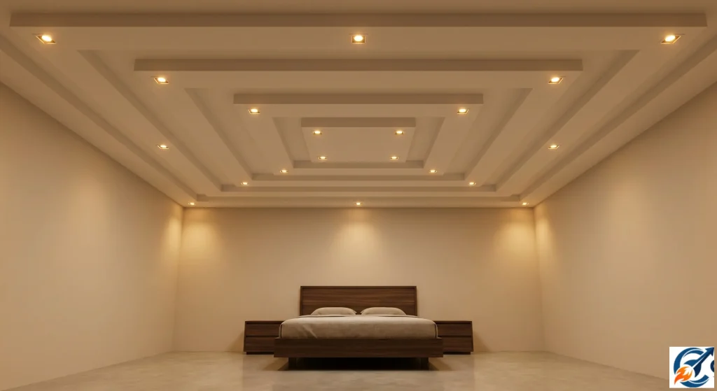 Simple square tray POP design with clean corner lights bedroom.