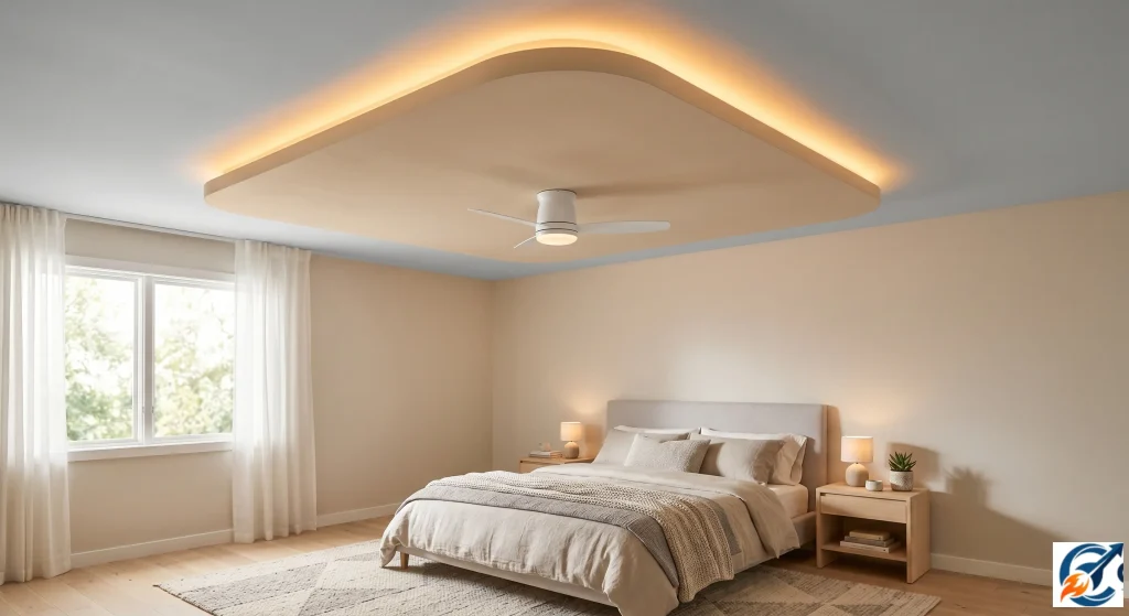 Modern floating POP ceiling design with rounded corners bedroom.