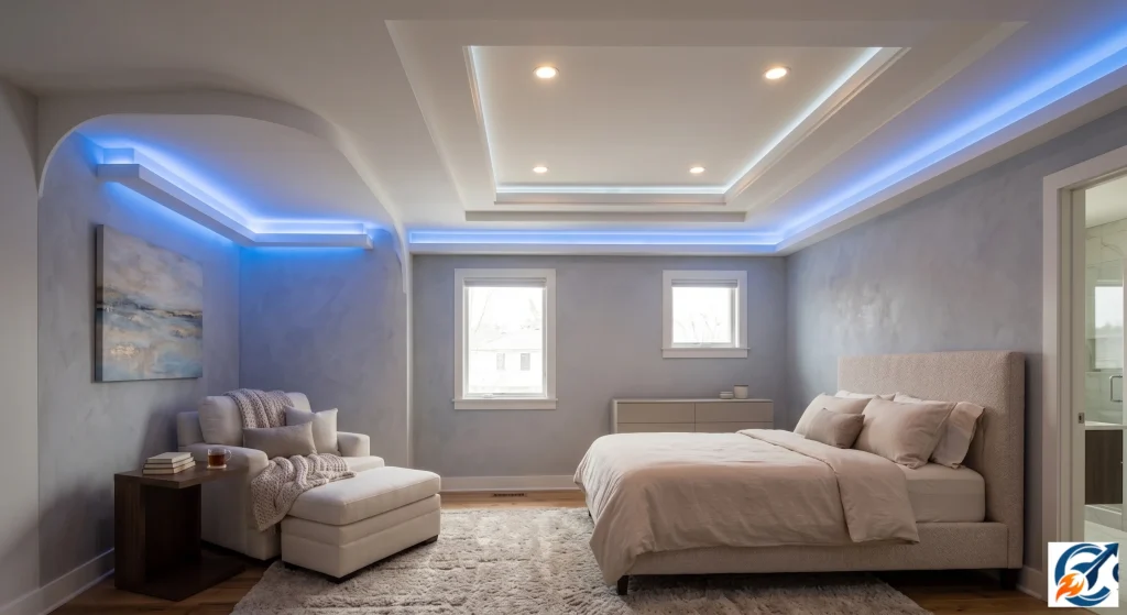 Asymmetrical curved corner cove POP lighting design bedroom ceiling.