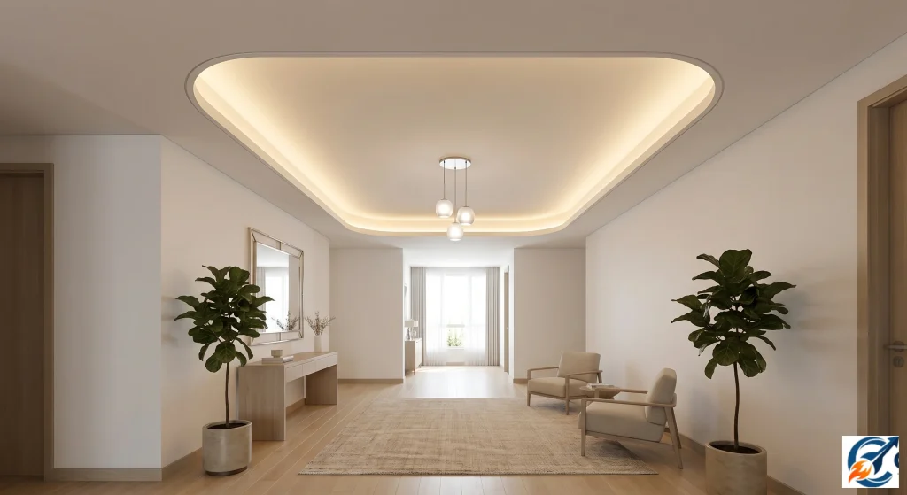 Curved corner tray POP design for living room hall