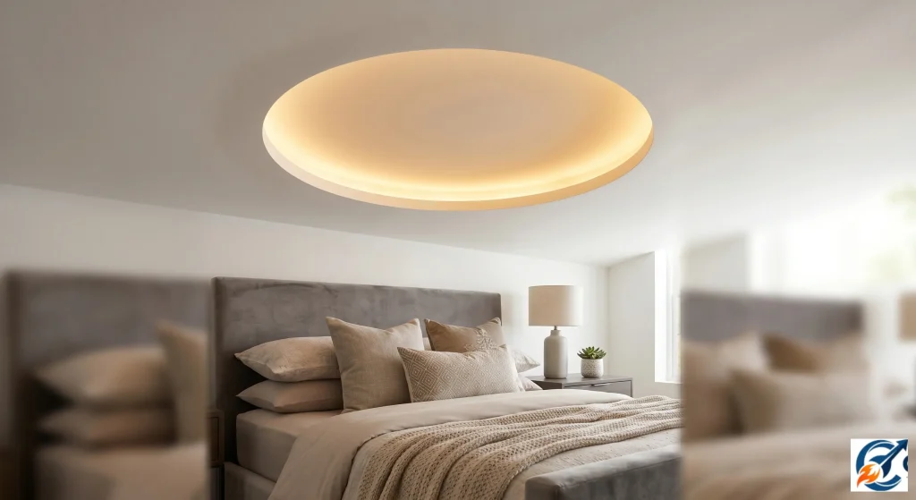 Simple central diffused glow circular recessed POP design bedroom.
