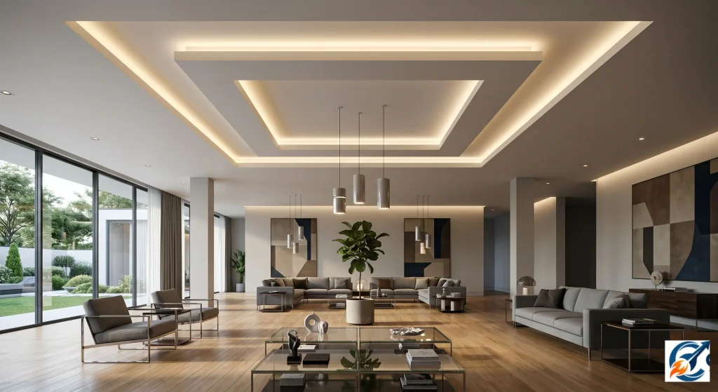 Double step square POP false ceiling design for hall