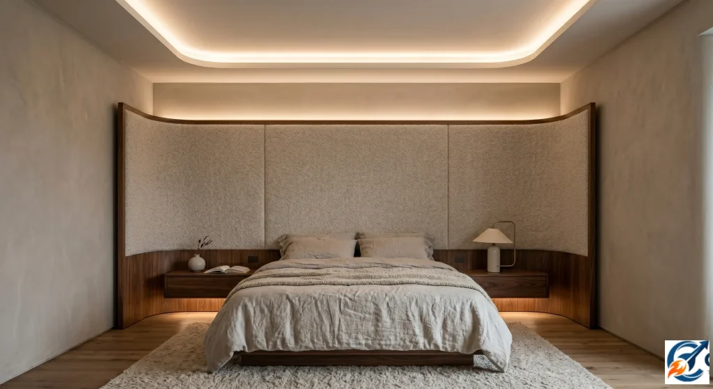 Simple integrated extended fabric headboard and POP ceiling design bedroom.
