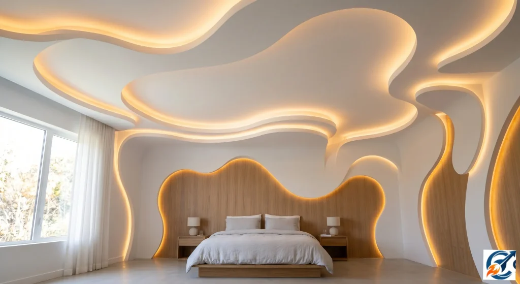 Simple S-curve POP design for bedroom ceiling with warm cove light.