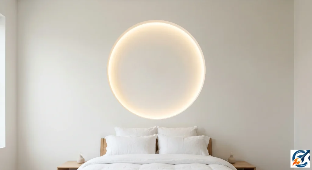 Simple central circular inset POP ceiling design above bed.