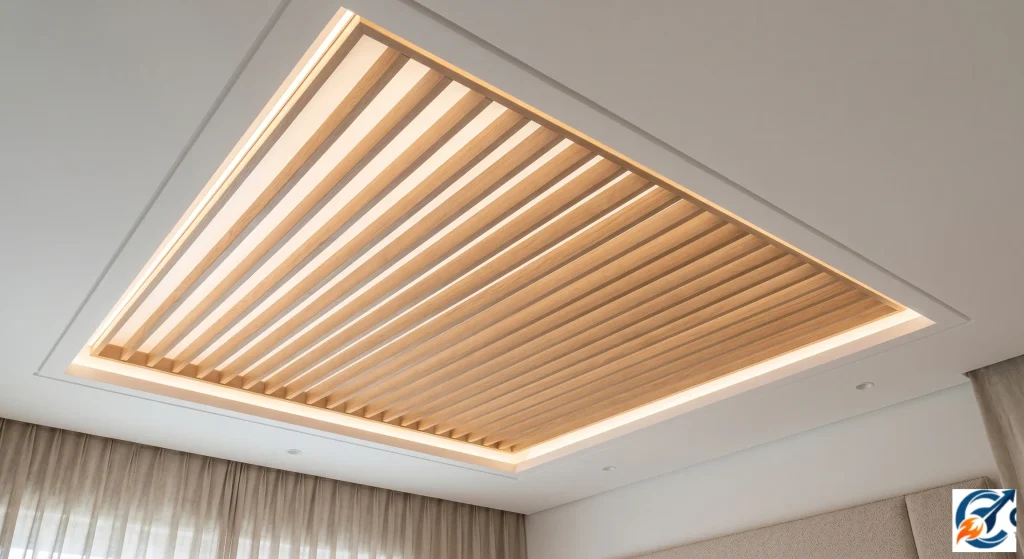 Wooden louvers integrated in simple POP ceiling frame for bedroom.