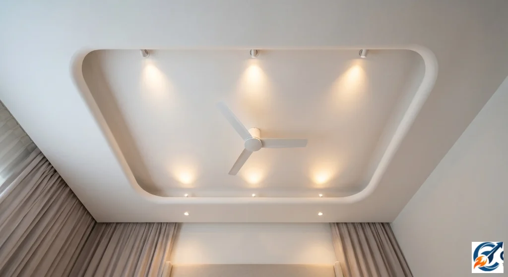 Simple rounded corner tray POP design bedroom with integrated fan.
