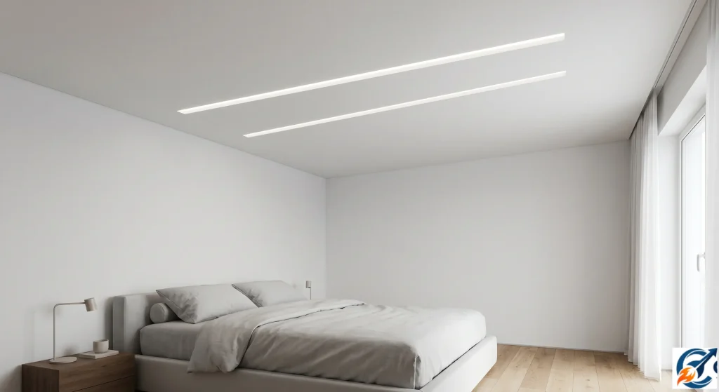 Modern parallel lines recessed in simple POP ceiling design bedroom.
