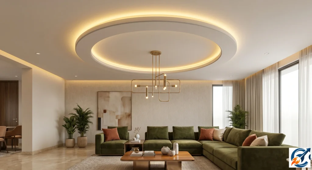 Modern POP ring design framing a minimalist chandelier
