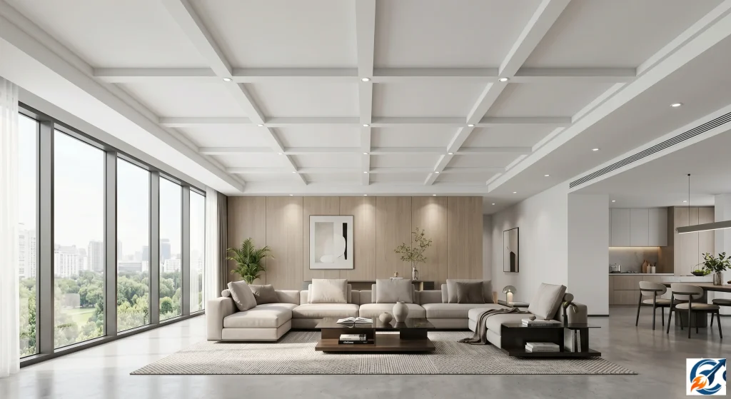 Modern shallow coffered POP design for spacious hall