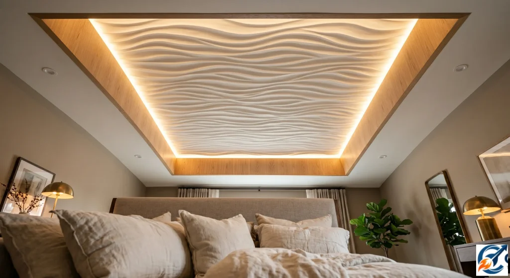Organic wave textured POP panel design bedroom ceiling.
