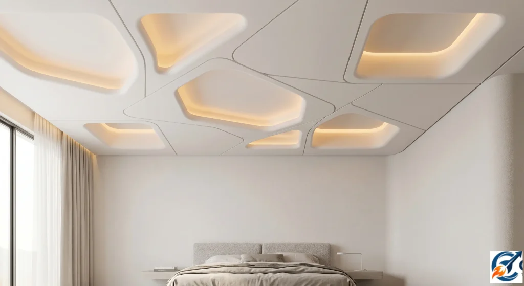 Simple asymmetrical soft corner geometric POP design bedroom ceiling.