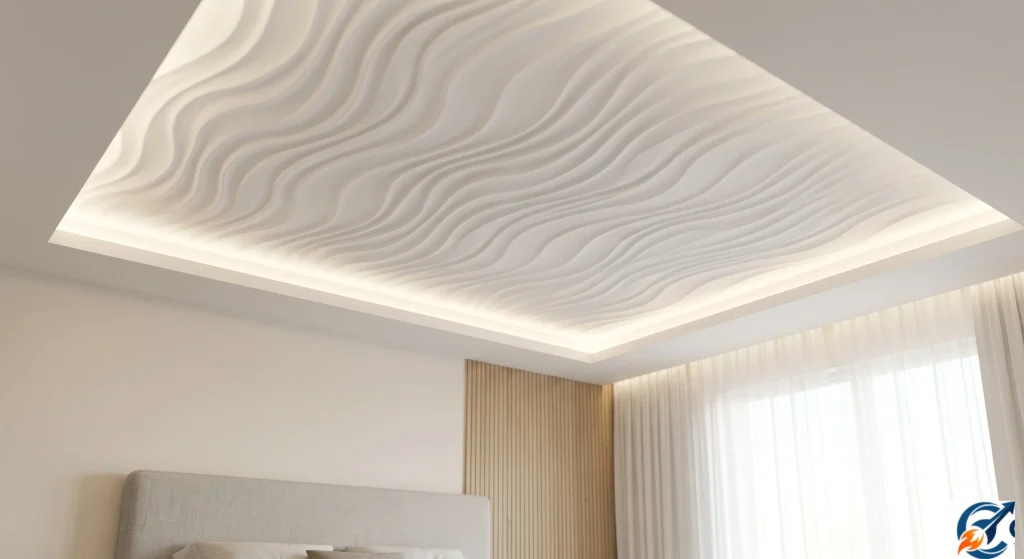Textured abstract wave POP panel design for bedroom ceiling.

