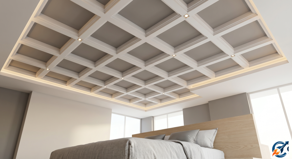 Understated simple shallow coffered POP grid design bedroom ceiling.
