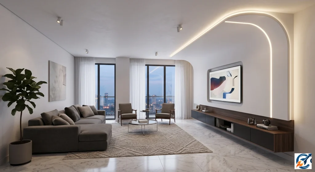 Continuous wall to ceiling simple POP design for living room
