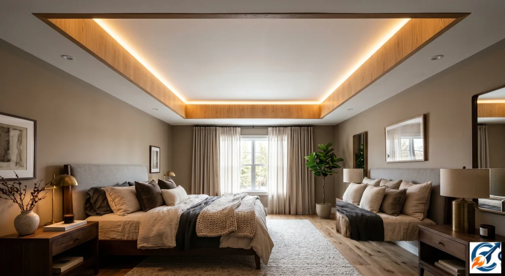 Simple dual tone POP and wood ceiling design for bedroom warmth.