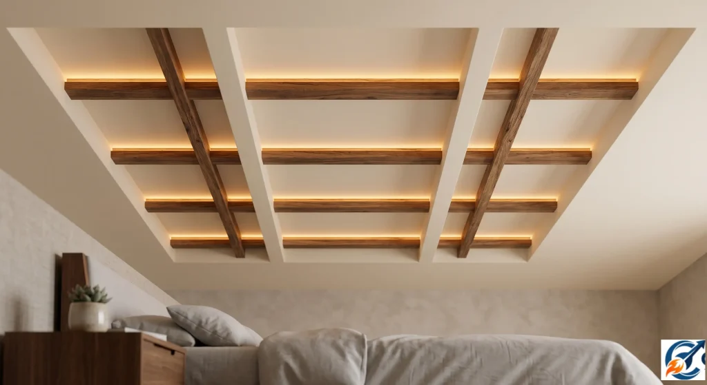  Integrated wood beam accent in simple POP bedroom ceiling design.
