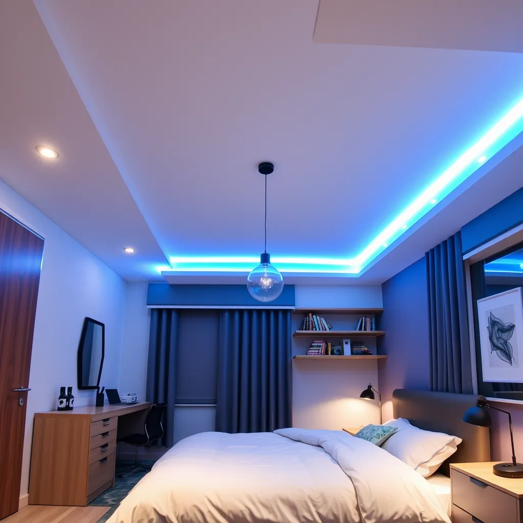 Asymmetrical corner POP drop design with cool blue LED light in bedroom.