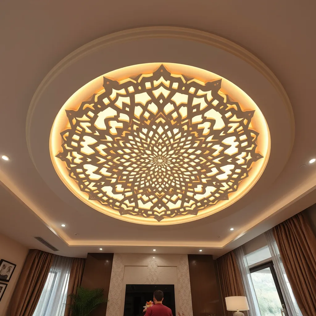 Backlit CNC jaali panel integrated in modern hall POP ceiling.
